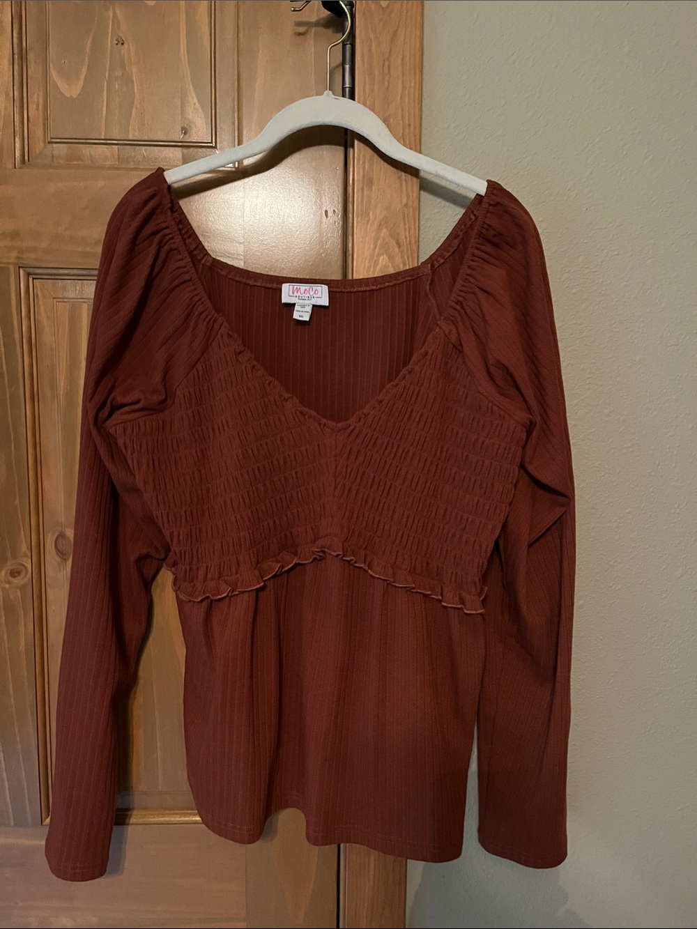 Women's Smocked V-Neck Long Sleeve Top - Rust
